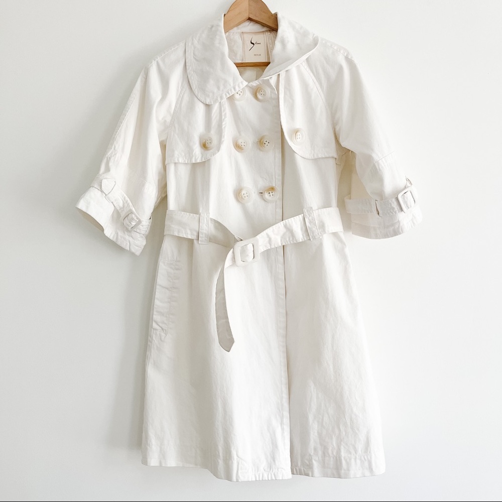 S Line Women’s White Belted Short Sleeve Trench Coat Cotton Medium